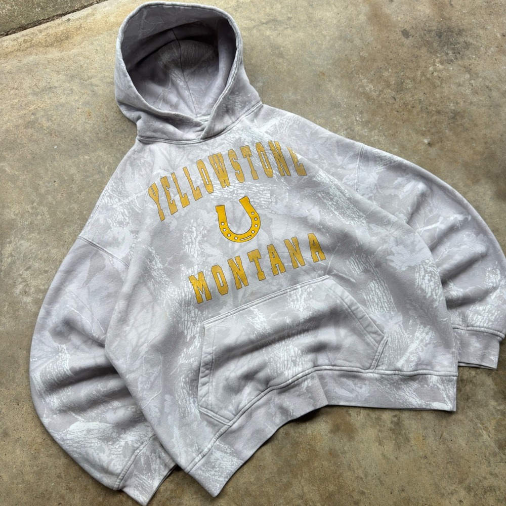Vintage Y2K Abercrombie Yellowstone Montana Hoodie Camo Western Grey L (f10) - Picture 3 of 8